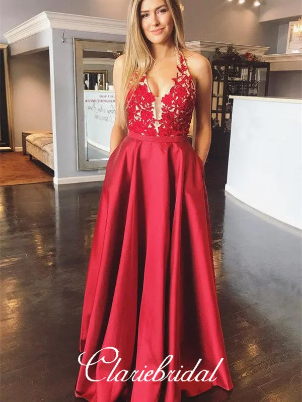 floral prom dressesHalter Red Satin Lace Prom Dresses, A-line Prom Dresses, Long Prom Dresses