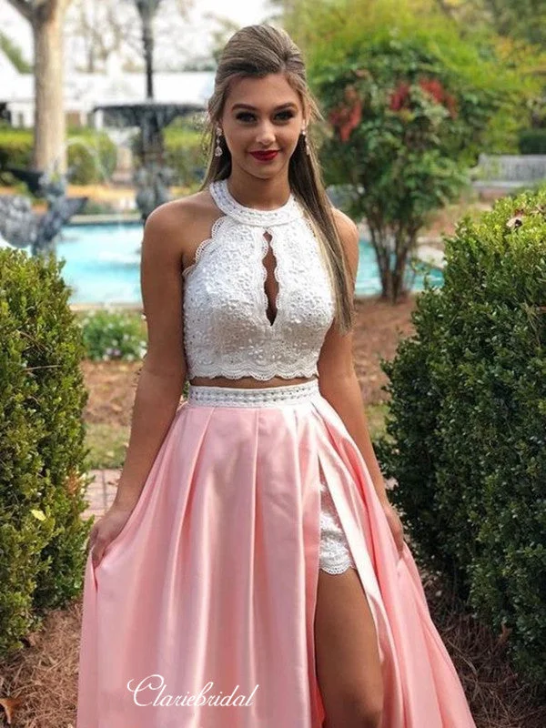 long prom dressesHalter Two Pieces Prom Dresses Long, Lace High Slit Prom Dresses