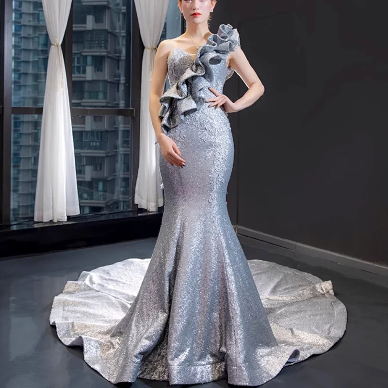 high-slit prom dressesHaute Couture Silver Mermaid Prom Dress Sequin Pageant Gown