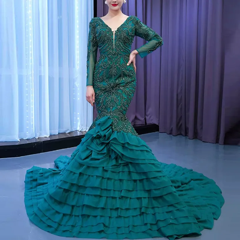 prom dresses with sequin detailingHigh-end Hunter Green Cascading Ruffles Prom Dress Long Sleeve