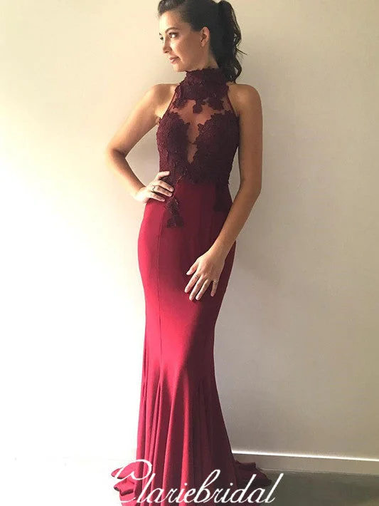 off-the-shoulder prom dressesHigh Neck Maroon Lace Jersey Mermaid Prom Dresses