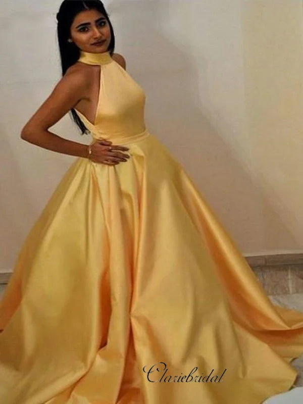 mermaid prom dressesHigh Neck Yellow Prom Gowns, A-line Prom Dresses, Popular Prom Dresses