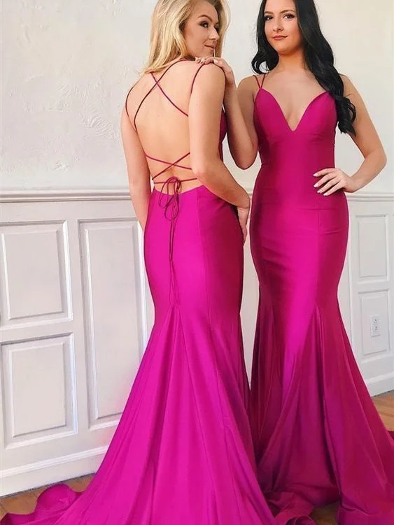 pastel prom dressesHot Pink Elastic Satin Long Mermaid Prom Dresses, Lace Up Prom Dresses, Lovely Mermaid Prom Dresses