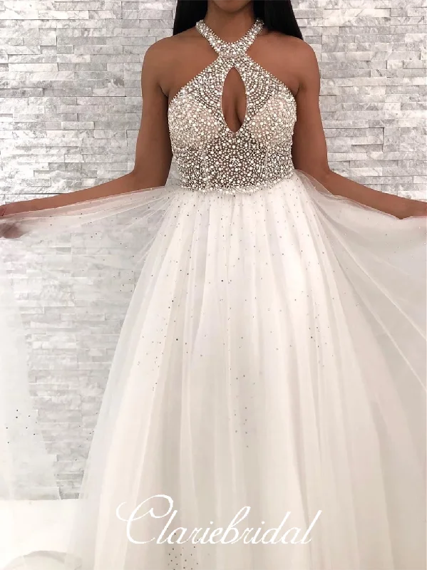 metallic prom dressesKey Hole Long A-line Ivory Beaded Tulle Prom Dresses, New Arrival Prom Dresses, 2020 Prom Dresses