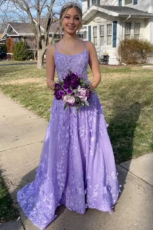 prom dress inspiration galleriesLavender Spaghetti Straps A-Line 3D Floral Sleeveless Long Prom Dress