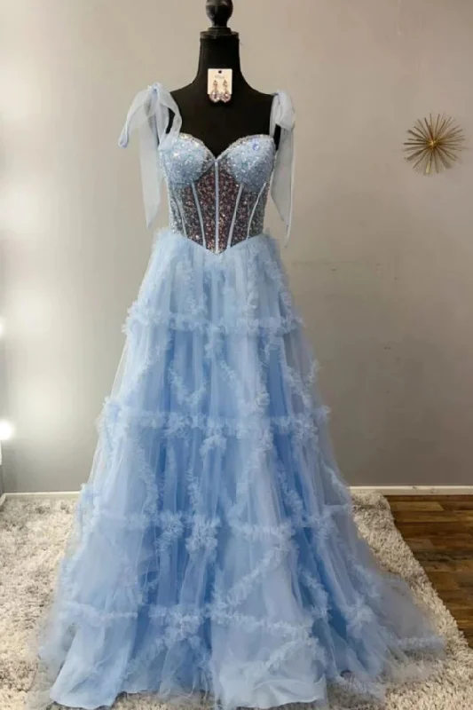 prom dresses with built-in petticoatsLight Blue A-Line Sweetheart Ruffles Tulle Long Prom Dress with Sequins