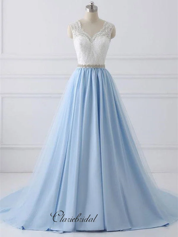 beaded prom dressesLight Blue Color Lace V-neck Prom Dresses, Long Prom Dresses 2019, A-line Prom Dresses