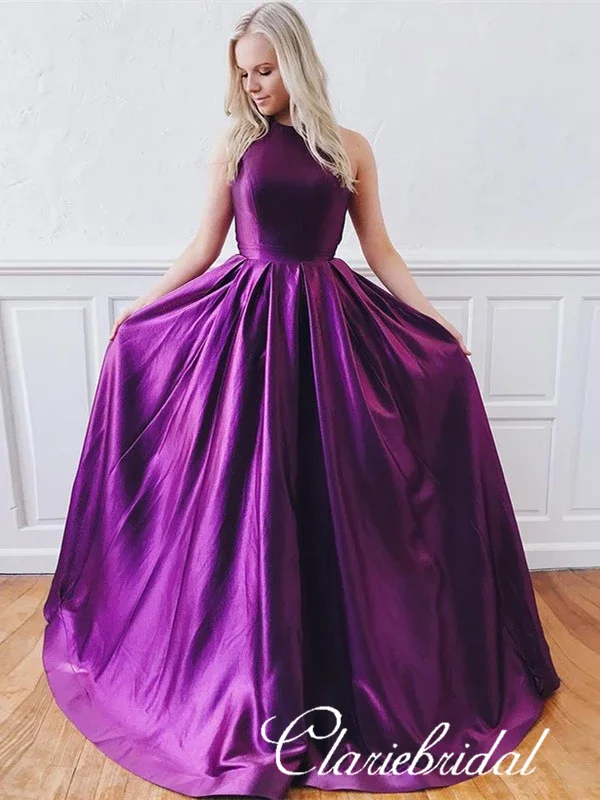 halter neck prom dressesLong A-line Purple Satin Prom Dresses, Affordable Prom Dresses, High Quality Prom Dresses