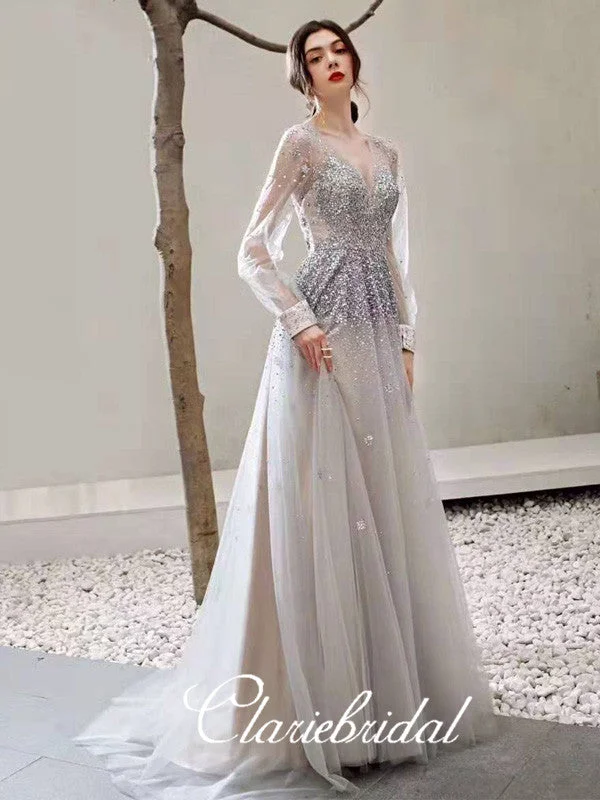 prom dresses for winterLong Sleeves Gliter Tulle Sequin Long Prom Dresses, V-neck Prom Dresses, Prom Dresses