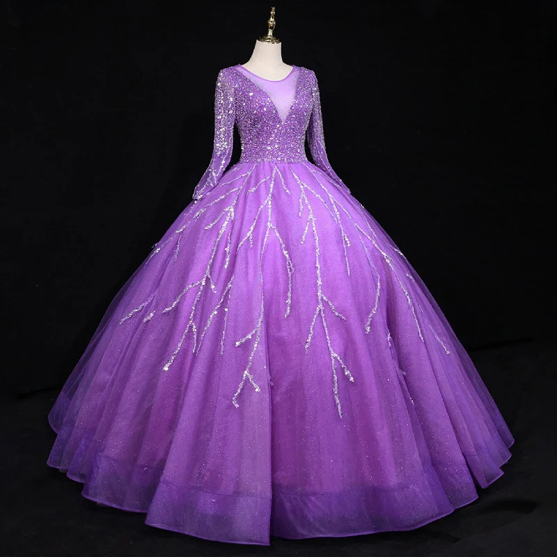 pastel prom dressesLong Sleeves O-Neck Beads Ball Gown Purple Prom Dress