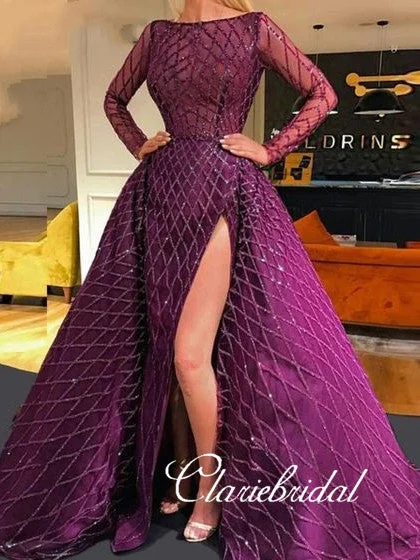 prom dresses with illusion panelsLong Sleeves Purple Sequin Tulle Prom Dresses, Side Slit Prom Dresses, Gorgeous Prom Dresses