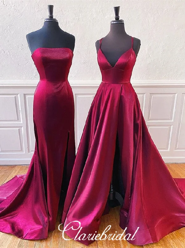 maxi prom dressesLovely Plum Satin Prom Dresses, Slit Prom Dresses, Simple Prom Dresses, Affordable Prom Dresses