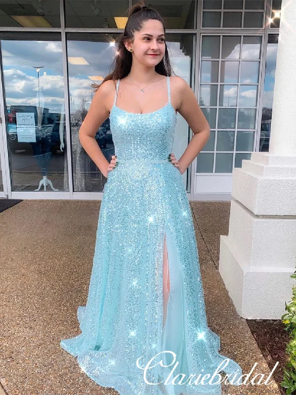 prom dresses with beaded accentsLovley Blue Sequin Tulle Prom Dresses, Side Slit Prom Dresses, Newest Prom Dresses