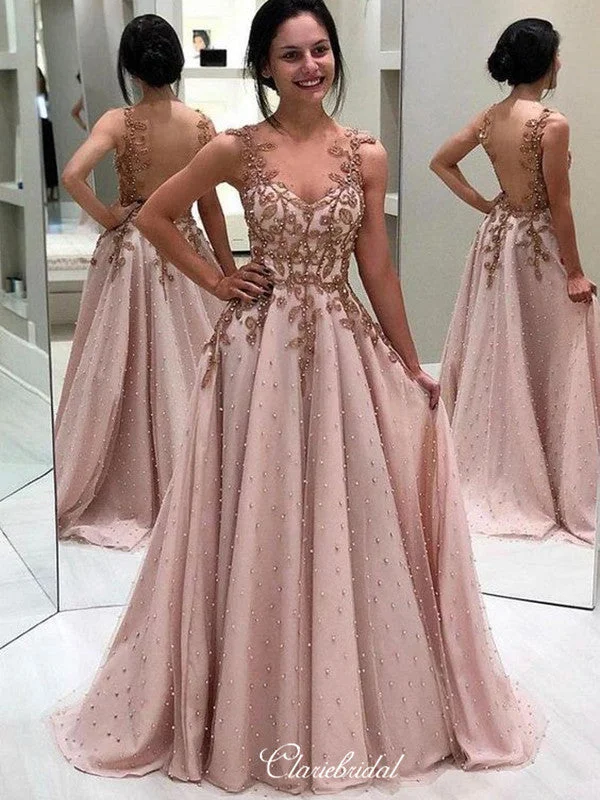 prom dresses for hourglass figuresLuxury Beaded Long Prom Dresses, Lace A-line Popular Prom Dresses