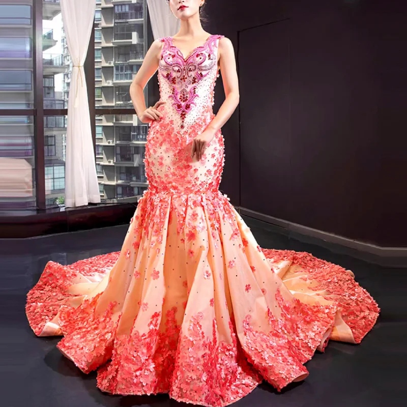 prom dresses for apple shapesLuxury Mermaid Satin Peach V-neck Beading Prom Dress