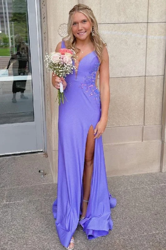 floral prom dressesMermaid Deep V-Neck Appliques Side Slit Long Prom Dress with Train