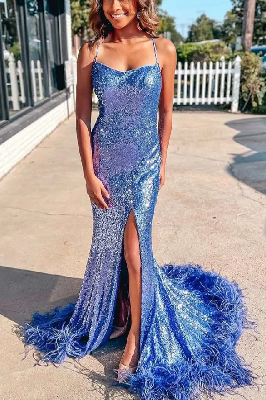 prom dress preservationMermaid Sequined Spaghetti Straps Side Slit Long Prom Dress with Feathers