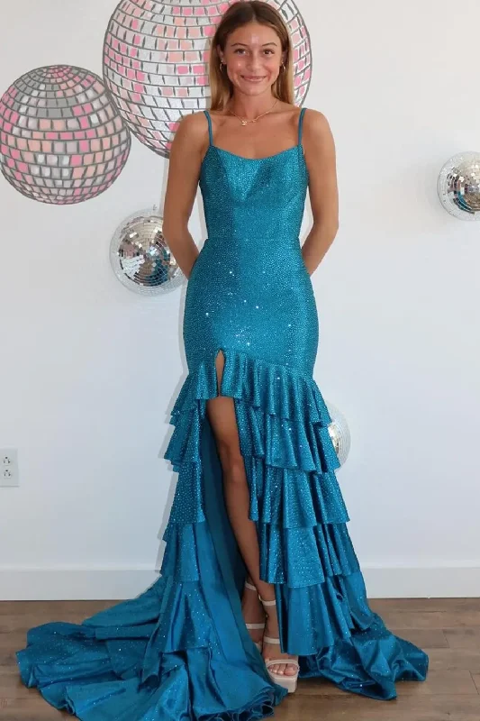 prom dresses for fallMermaid Spaghetti Straps Rhinestone Ruffles Long Prom Dress with Slit