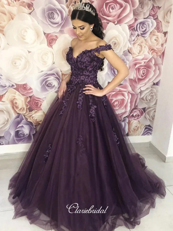 prom dress color trendsOff Shoulder Appliques Long Prom Dresses, A-line Prom Dresses, Tulle Prom Dresses