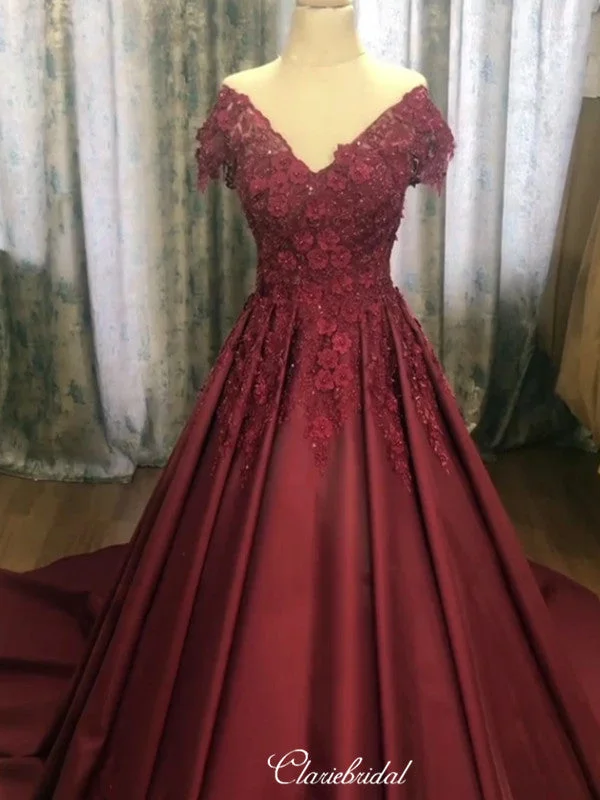 prom dress inspiration galleriesOff Shoulder Appliques Long Prom Dresses, A-line Satin Prom Dresses