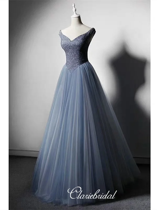 halter prom dressesOff Shoulder Blue Beaded Tulle Princess Ball Gown, Long Prom Dresses, Lovely 2020 Prom Dresses