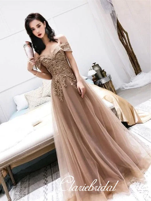 classic prom dressesOff Shoulder Lace Beaded Long Prom Dresses, A-line Prom Dresses, 2020 Long Prom Dresses