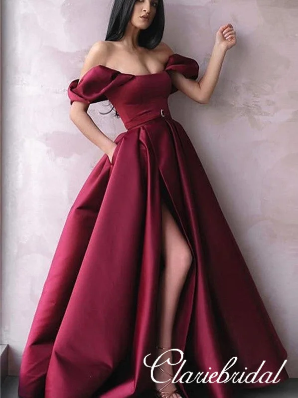 empire waist prom dressesOff Shoulder Long A-line Burgundy Satin Prom Dresses, Side Slit Prom Dresses, Popular Prom Dresses