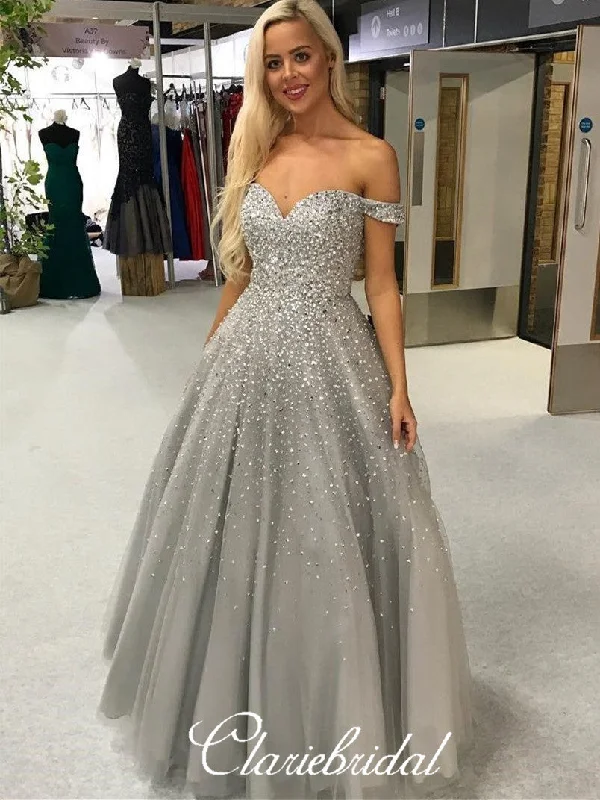 mini prom dressesOff Shoulder Long A-line Grey Tulle Beaded Prom Dresses, Lovely Long Prom Dresses, New 2020 Prom Dresses