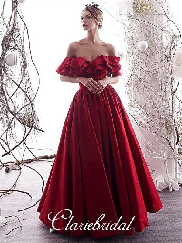 prom dresses for summerOff Shoulder Long A-line Red Satin Prom Dresses, Lace Up Prom Dresses, 2020 Prom Dresses