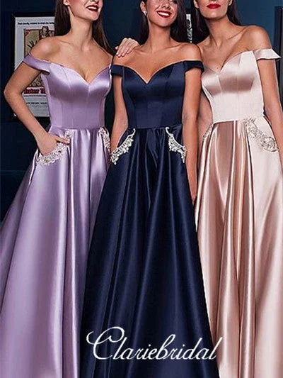 petite prom dressesOff Shoulder Long A-line Satin Prom Dresses, Elegant Prom Dresses