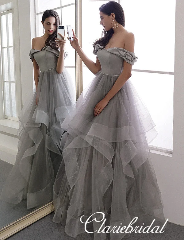 spaghetti strap prom dressesOff Shoulder Long Grey Prom Dresses, Tulle Prom Dresses, ELegant 2020 Prom Dresses, Newest Prom Dresses