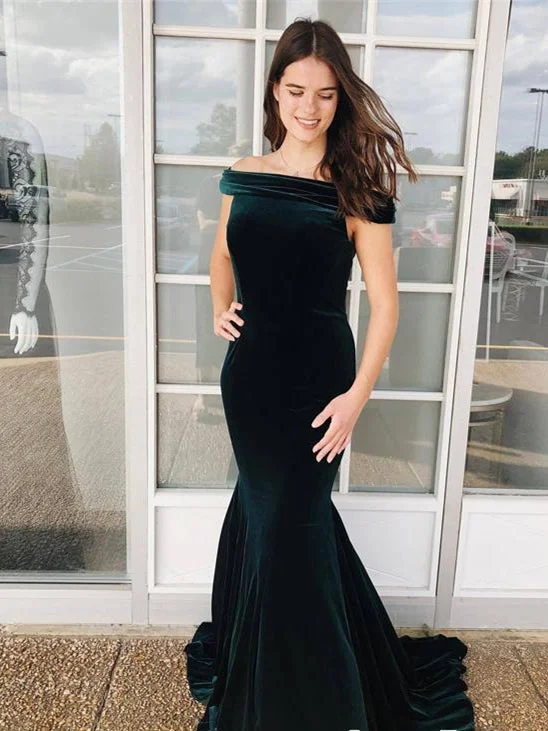 mini prom dressesOff Shoulder Long Mermaid Prom Dresses, Emerald Green Velvet Prom Dresses