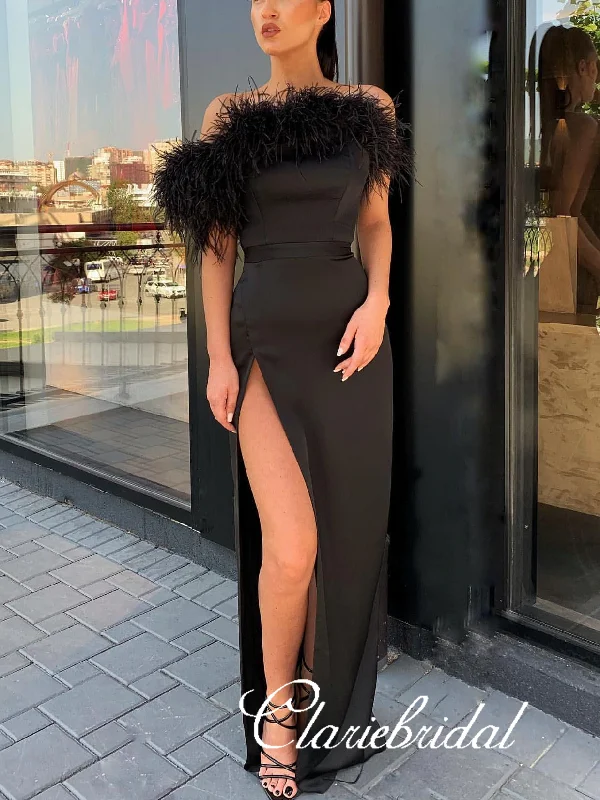 cap sleeve prom dressesOff Shoulder Long Sheath Black Feather Satin Prom Dresses, Side Slit Long Prom Dresses, Prom Dresses