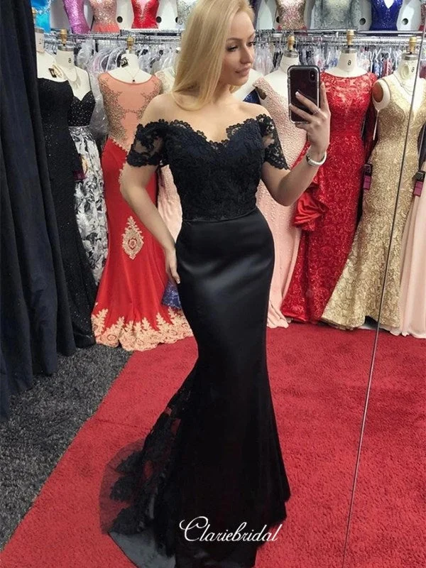 affordable prom dressesOff Shoulder Mermaid Long Prom Dresses, Black Lace 2020 Long Prom Dresses