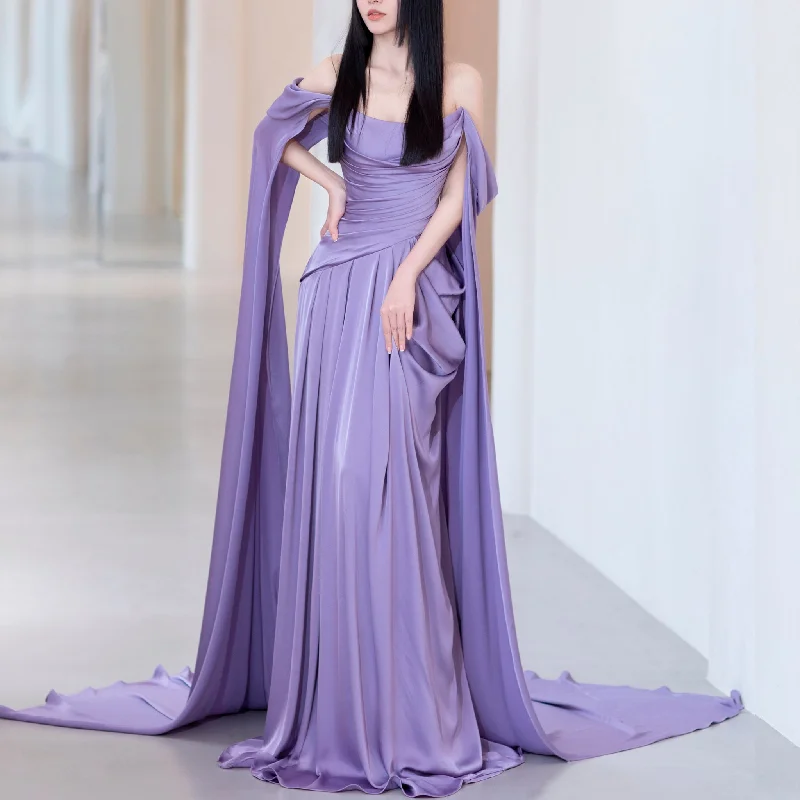 custom prom dressesOff the Shoulder Long Purple Prom Dress with Cape