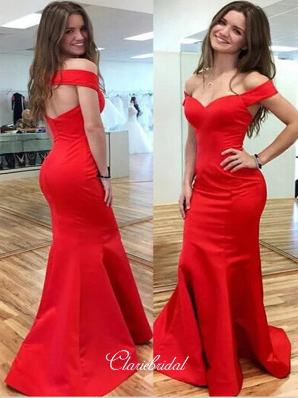 prom dresses with detachable sleevesOff the Shoulder Red Color Long Prom Dresses, Mermaid Fashion Prom Dresses