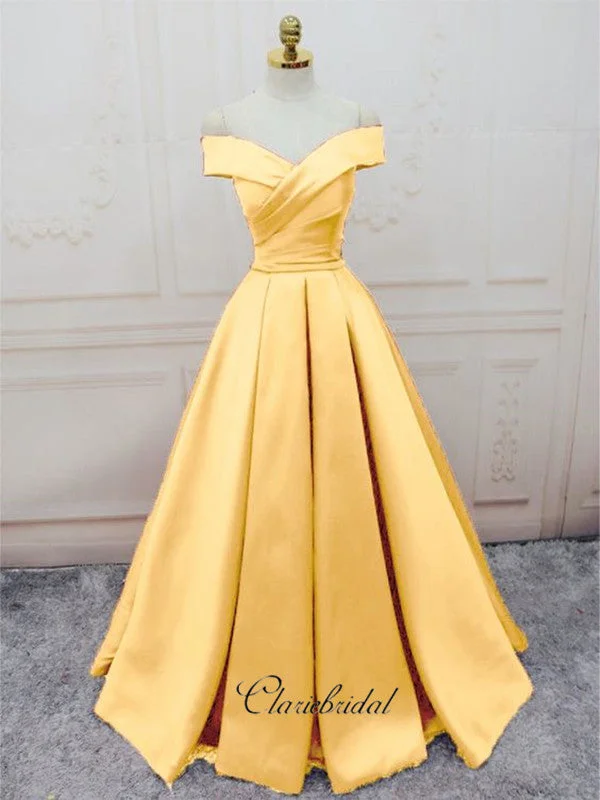 chiffon prom dressesOff The Shoulder Satin Long Prom Dresses, Yellow A-line Prom Dresses, Custom Prom Dresses