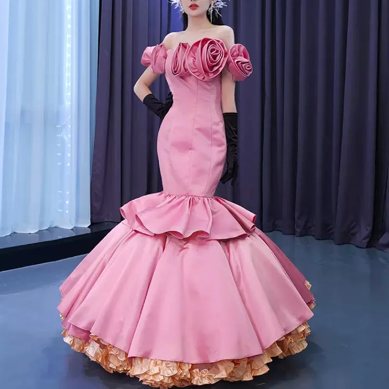 prom dresses for plus-size figuresOff the Shoulder Trumpet Pink Prom Dress with Handmade Flowers