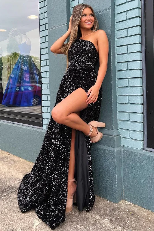 long prom dressesOne Shoulder Black Sequined High Slit Sleeveless Long Prom Dress