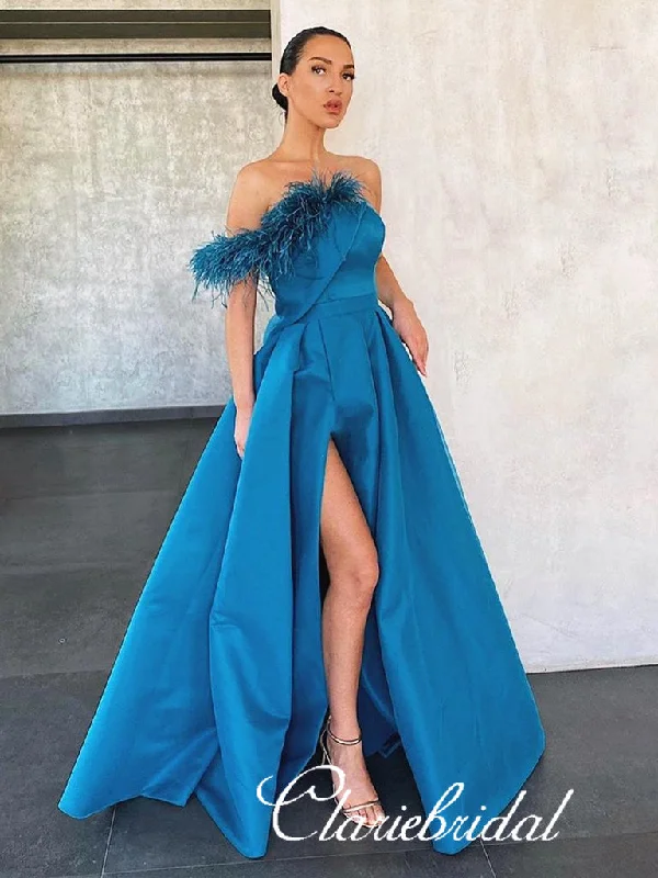 prom dress cleaningOne Shoulder Long A-line Blue Satin Feather Prom Dresses, Side Slit Chic Prom Dresses, Long Prom Dresses