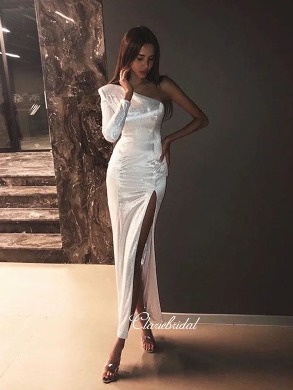 prom dresses with floral embroideryOne Shoulder Long Sleeves Prom Dresses, Fashion Long Prom Dresses, 2020 Prom Dresses