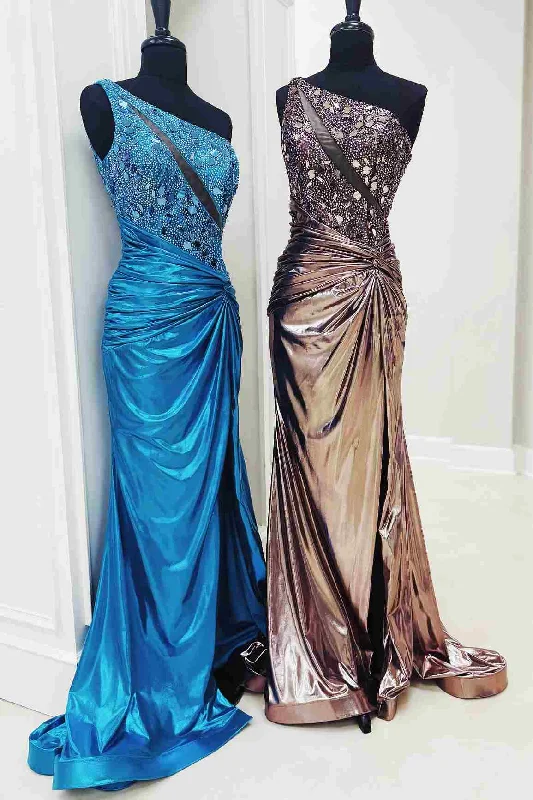 prom dresses for summerOne Shoulder Mermaid Mirror-Cut Sequins Pleated Long Formal Prom Dress