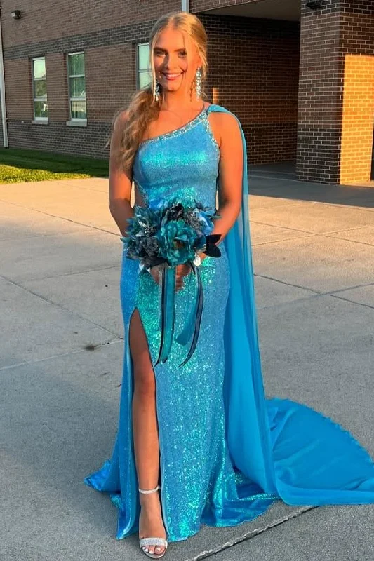 prom dress preservationOne Shoulder Mermaid Sequined Sleeveless with Slit Long Prom Dress