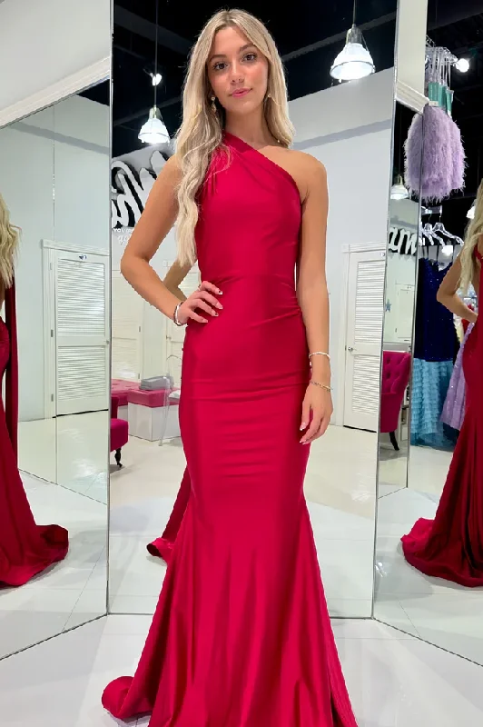 prom dresses with sheer overlaysOne Shoulder Red Mermaid Sleeveless Satin Long Prom Dress