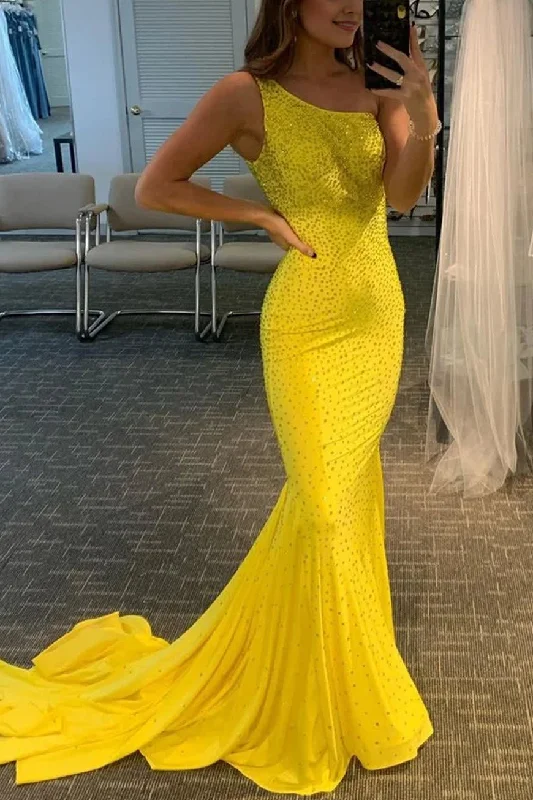 cap sleeve prom dressesOne Shoulder Yellow Mermaid Rhinestone Long Prom Dress with Train