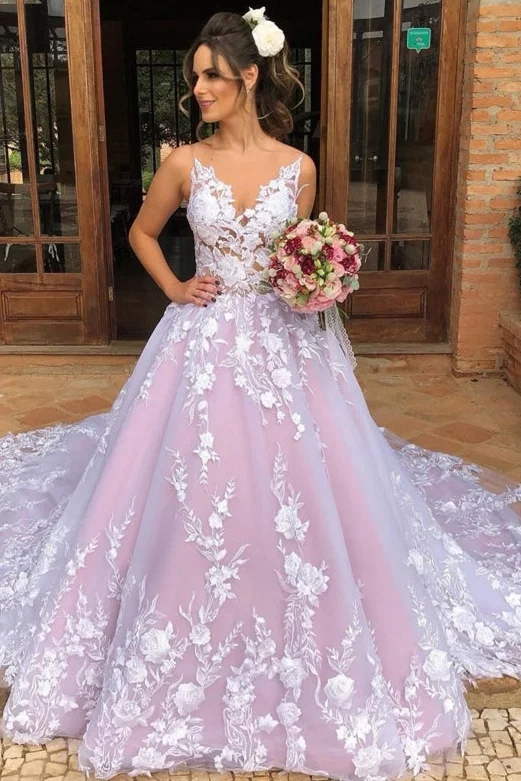 sweetheart neckline prom dressesPink A-Line Spaghetti Straps Lace Appliques Formal Prom Dress with Train