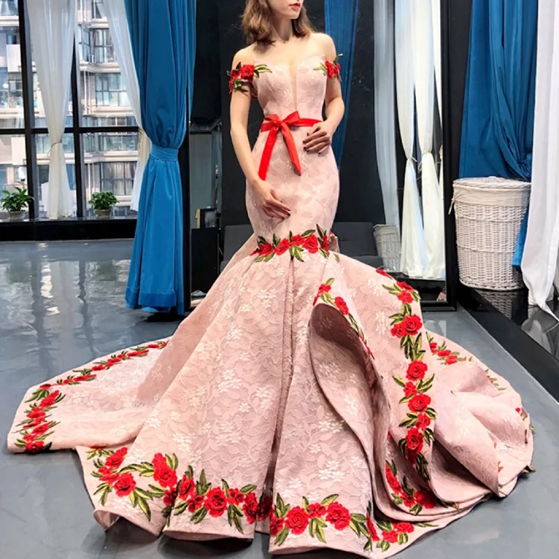 satin prom dressesPink Mermaid Lace Red Appliques Off The Shoulder Prom Dress With Sash