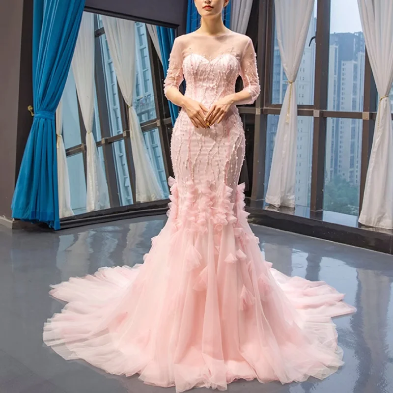 prom dress preservationPink Mermaid Long Sleeve Backless Beading Sequins Prom Dress