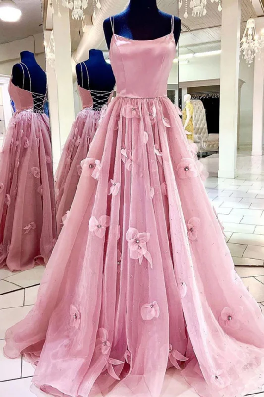 illusion neckline prom dressesPink Spaghetti Straps A-Line 3D Floral Tulle Long Formal Prom Dress