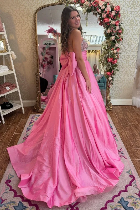 prom dresses with floral embroideryPink Spaghetti Straps Beads Empire-Waist Pleated Formal Prom Dress with Bow